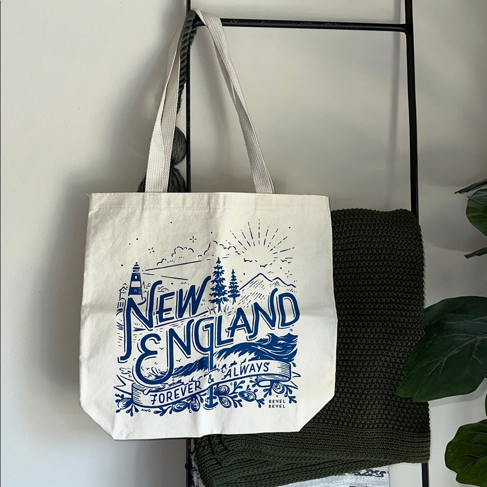 RevelRevel New England Canvas Tote Bag in Natural with Blue Print